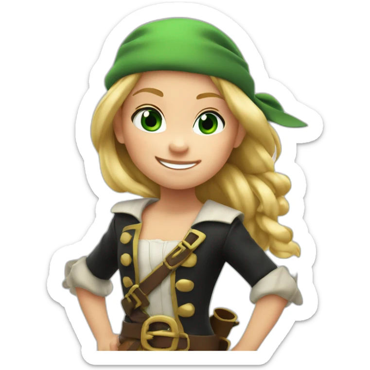 Female kid pirate, green eyed, blonde hair, dressed with pirate clothes, pixar style, 4k, smiling sticker