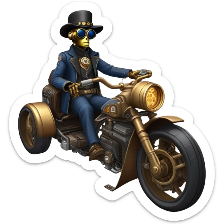 Bounty hunter C-3PO Jedi wearing a pair of navy-blue rimmed steampunk goggles, hat, leather chaps, fringe jacket riding a relaxed sci-fi 3 wheeler reverse-trike steampunk rat rod motorcycle with large fenders and saddlebags in desert town  sticker