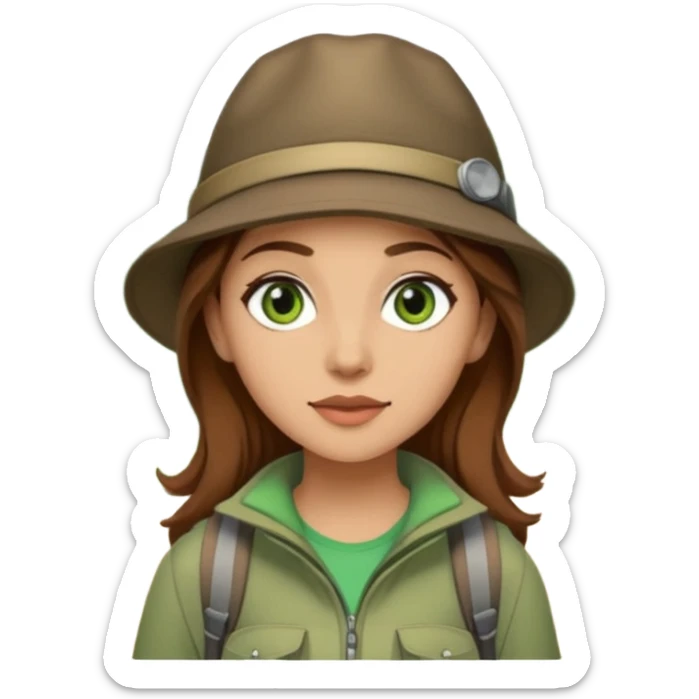 woman hiking in the woods in the sunshine. light face and green eyes. wearing a hat, brown hair sticker