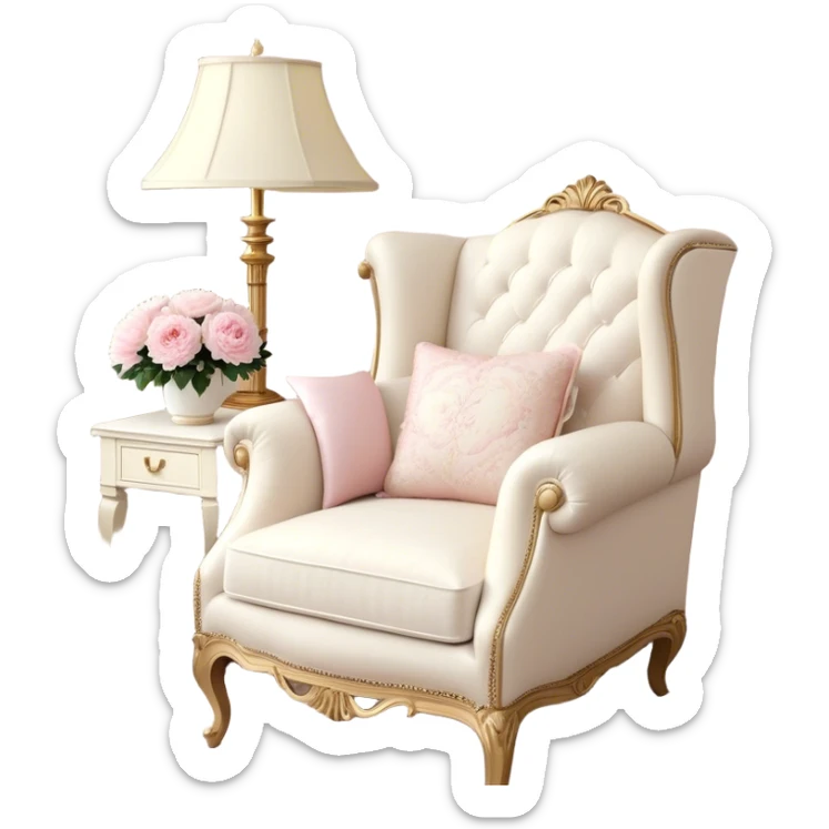 A cozy vintage-inspired reading nook, with an overstuffed ivory armchair, a golden reading lamp, and a bouquet of soft pink roses, white peonies, and dahlias resting on a small lace-covered side table, as a pearl butterfly gently rests on the open book.
 sticker