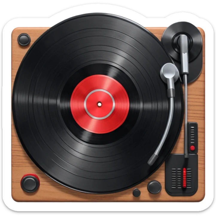 3D render of Vinyl Record, vintage 1980s audio equipment aesthetic, tactile analog buttons, shiny black grooved disc with a red center label, mixed wood grain and brushed aluminum textures, Apple emoji style, isolated on white background --v 6.0 sticker