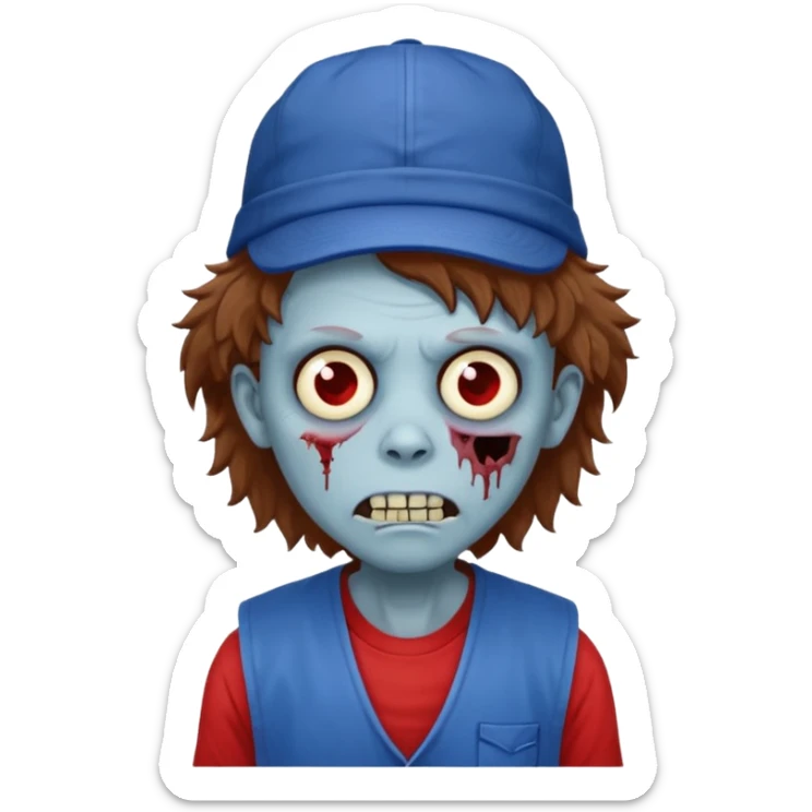 brown fluffy hair zombie with blue and white hat dark blue jilet red t shirt sticker