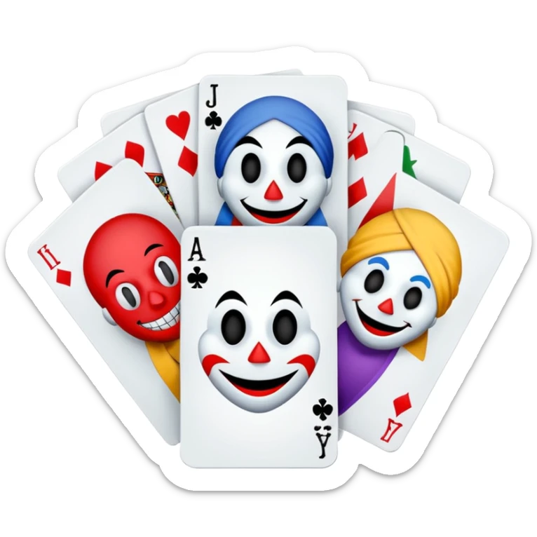 bunch of 3 poker cards, with crazy colorful human jolly jokers inside, inversed face, cuphead style sticker