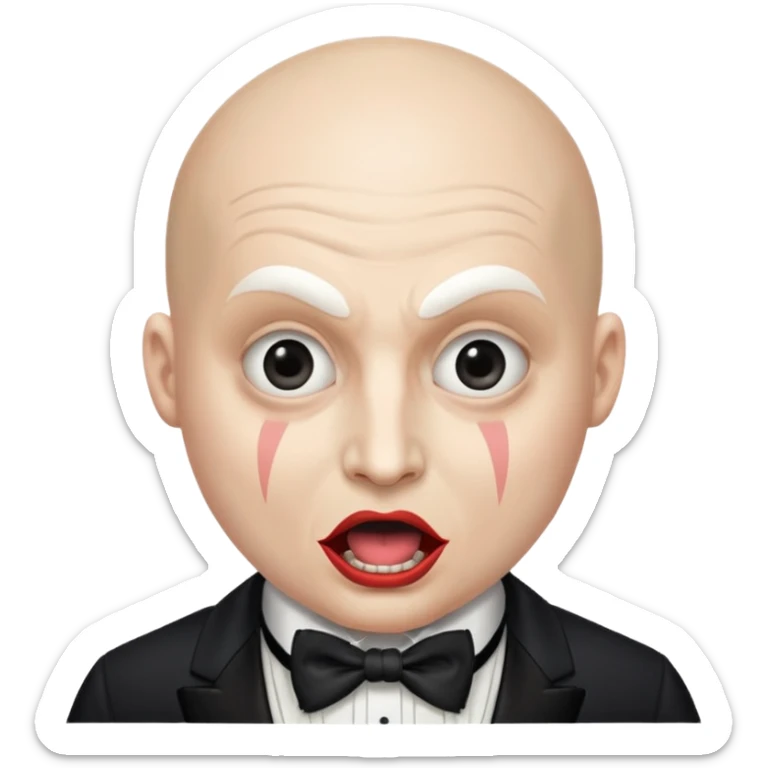 a bald cabaret actor with a white-painted face and heavily made-up eyes and mouth, a huge, wide-open mouth, and a startled look sticker