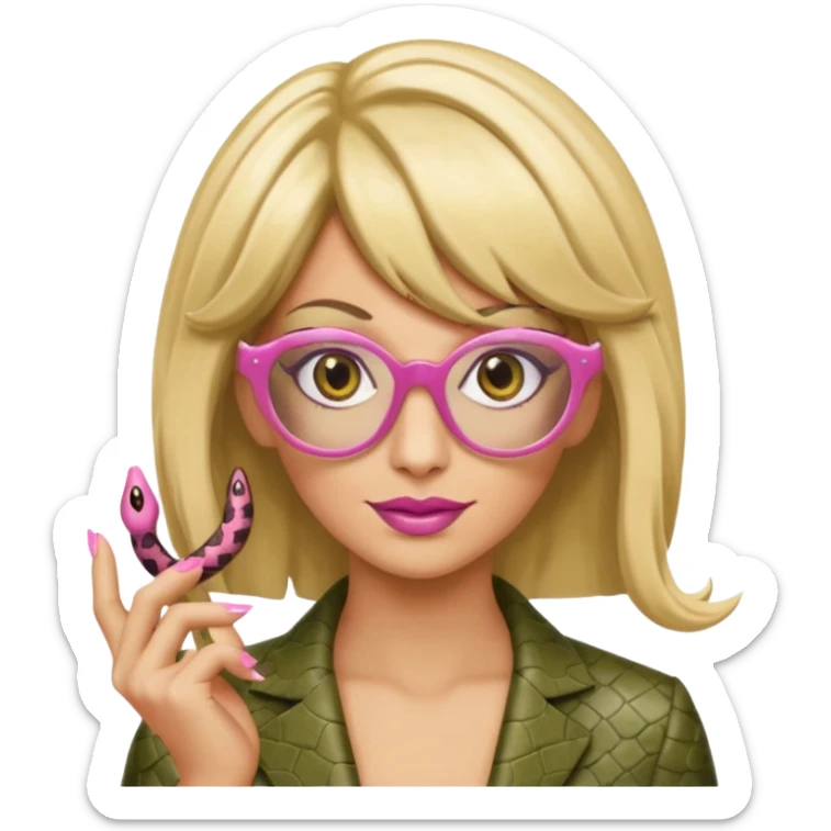 a snake with a bitchy face, a dirty blonde wig, pink pointy nails and square frame golden glasses sticker