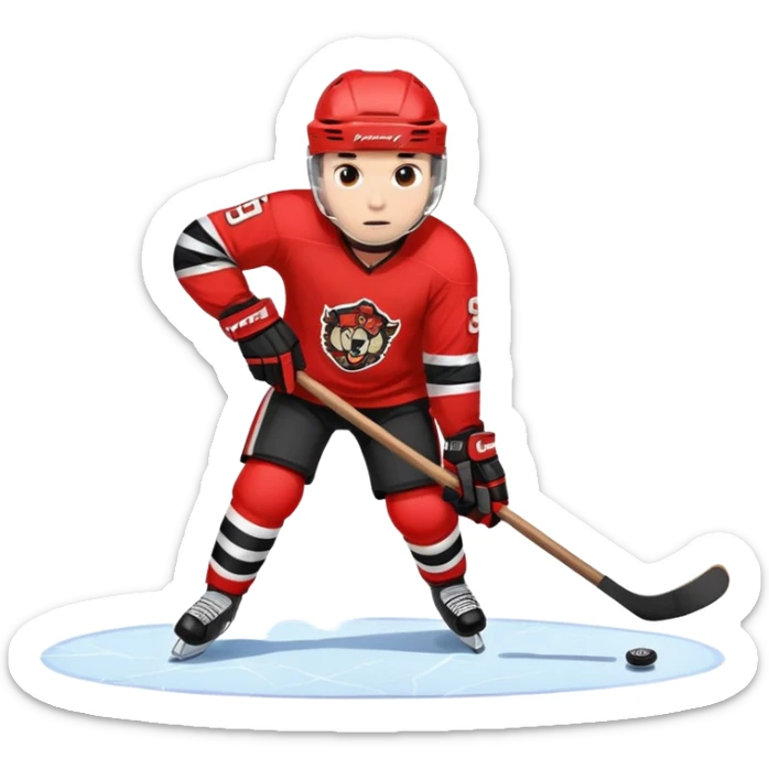 A hockey player in a helmet and with a stick in his hands in a red and black uniform rides on the ice, emotions of struggle, courage sticker