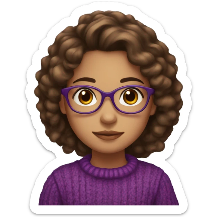 young girl, young hispanic, long brown hair, long curly brown hair, brown eyes, purple winter sweater, glasses sticker