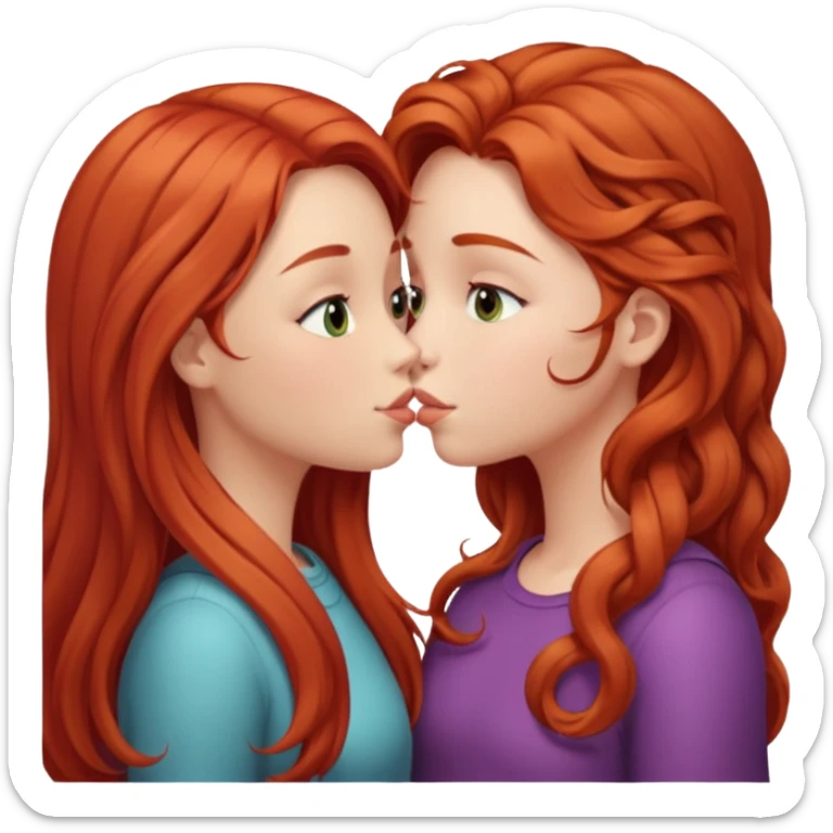two girls kissing, one with long straight red hair, the other with long curly light brown hair sticker