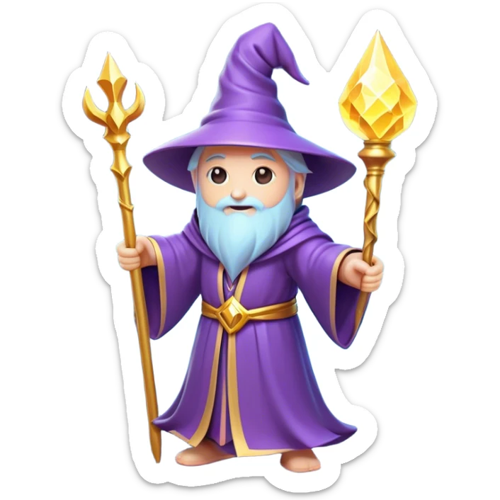 Clash of Clans aesthetic: Cinematic Playful Wizard Hero Emoji, rendered in a 3D vector-style similar to standard emojis with minimal shading and bold, simplified shapes. A compact, isometric figure draped in flowing enchanted robes and wielding a mystical staff, softly glowing with an arcane magical charm. Simplified yet unmistakably iconic, highly detailed and consistent, glowing with a soft radiant glow and high shine. Stylized with a touch of whimsical sorcery and a soft glowing outline, capturing the essence of a powerful wizard ready to cast spells with a friendly, playful spirit! sticker