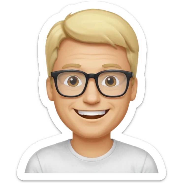 portrait of adult man, wearing a t-shirt, square glasses, grinning face, blond hair sticker