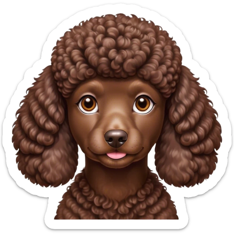 Cinematic Noble Chocolate Poodle Portrait Emoji, Poised and regal, with a refined, elegant build and a meticulously groomed, curly chocolate Fur, deep-set soulful brown eyes, Simplified yet sharp and sophisticated features, highly detailed, glowing with a soft, dignified glow, high shine, intelligent and graceful, stylized with an air of sophistication, focused and attentive, soft glowing outline, capturing the essence of a watchful and confident companion, so majestic it feels as though it could prance out of the screen with effortless authority! sticker