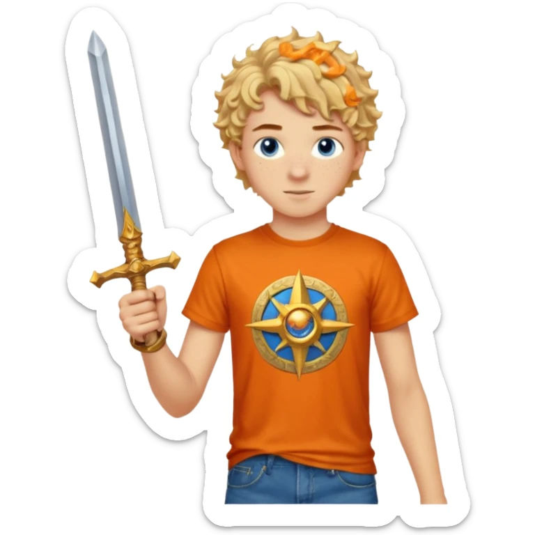 20 year old boy with curly blond hair and blue eyes with freckles wearing an orange no blue “Camp Halfblood” tshirt with the official percy jackson camp halfblood logo on it and blue jeans have him swinging a gold sword  sticker