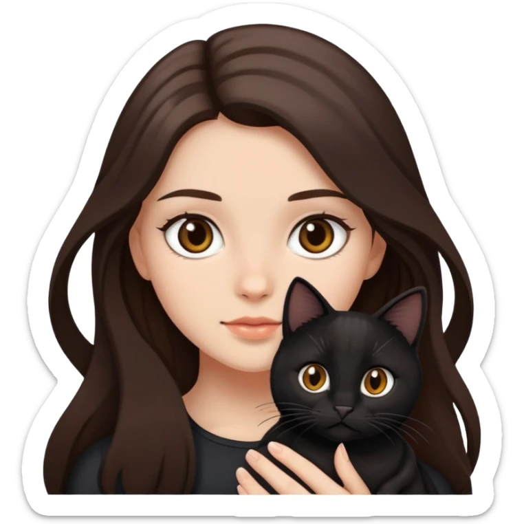 Brunette girl with long hair and brownie eyes and fair skin holding a black cat sticker