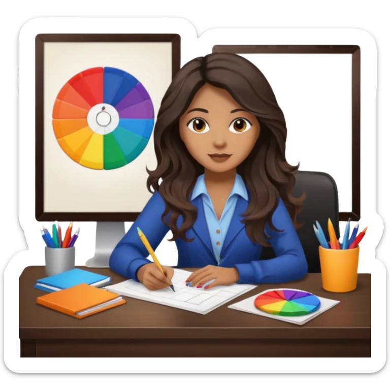 female dark wavy long hair graphic designer , holding color wheel , pens, papers, desktop sticker