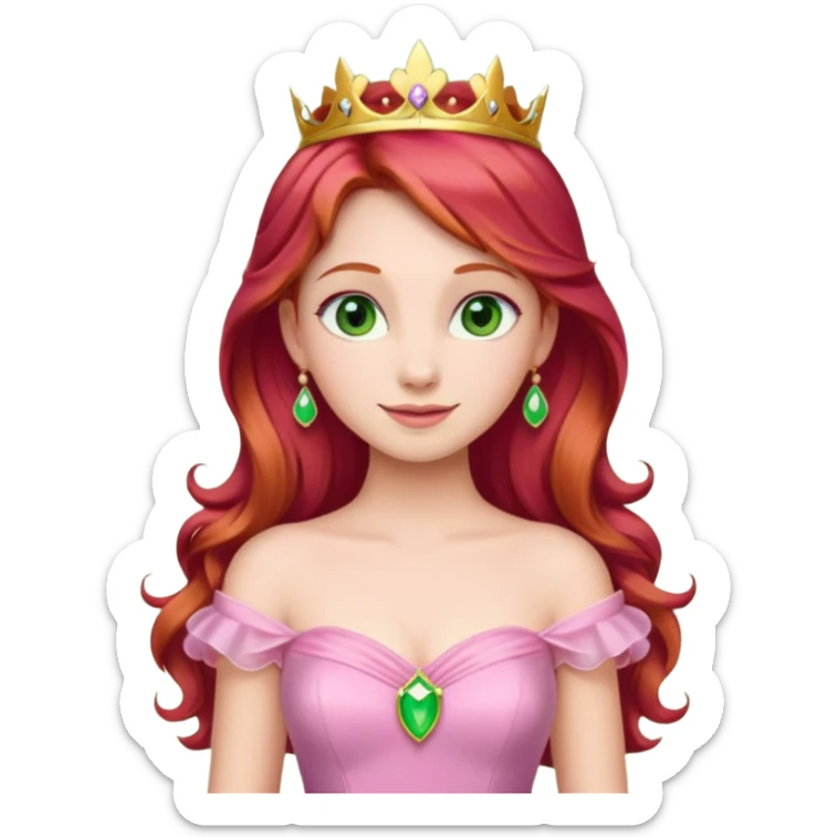 Aurora princess, classic fairytale style, red hair, pink gown, gentle smile, green amber eyes, standing pose, emoji style sticker