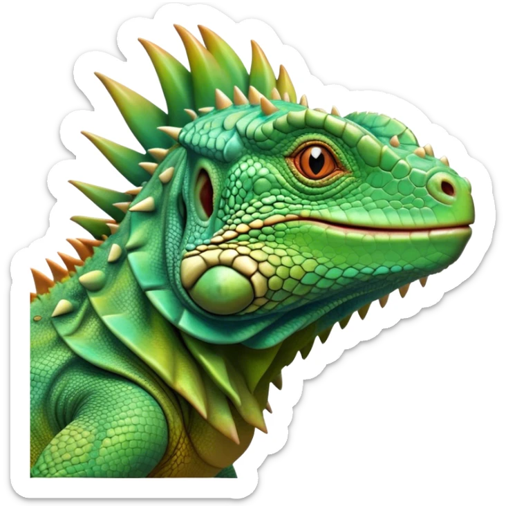 Cinematic Noble Iguana Portrait Emoji, Poised and majestic, with a robust, muscular build and a vibrant, scaly body accented by a prominent spiky crest and keen, observant eyes, Simplified yet sharp and sophisticated features, highly detailed, glowing with a soft, jungle radiance, high shine, intelligent and formidable, stylized with an air of ancient reptilian authority, focused and commanding, soft glowing outline, capturing the essence of a watchful guardian that appears ready to stride out of the screen with effortless might! sticker