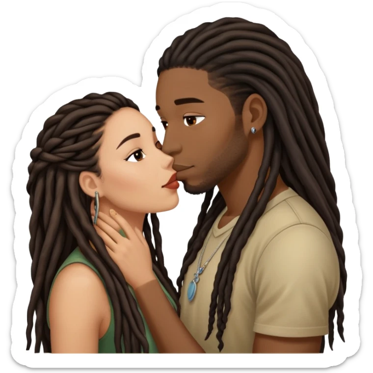 Latina Woman with long hair kissing a young black guy with dreads no beard sticker