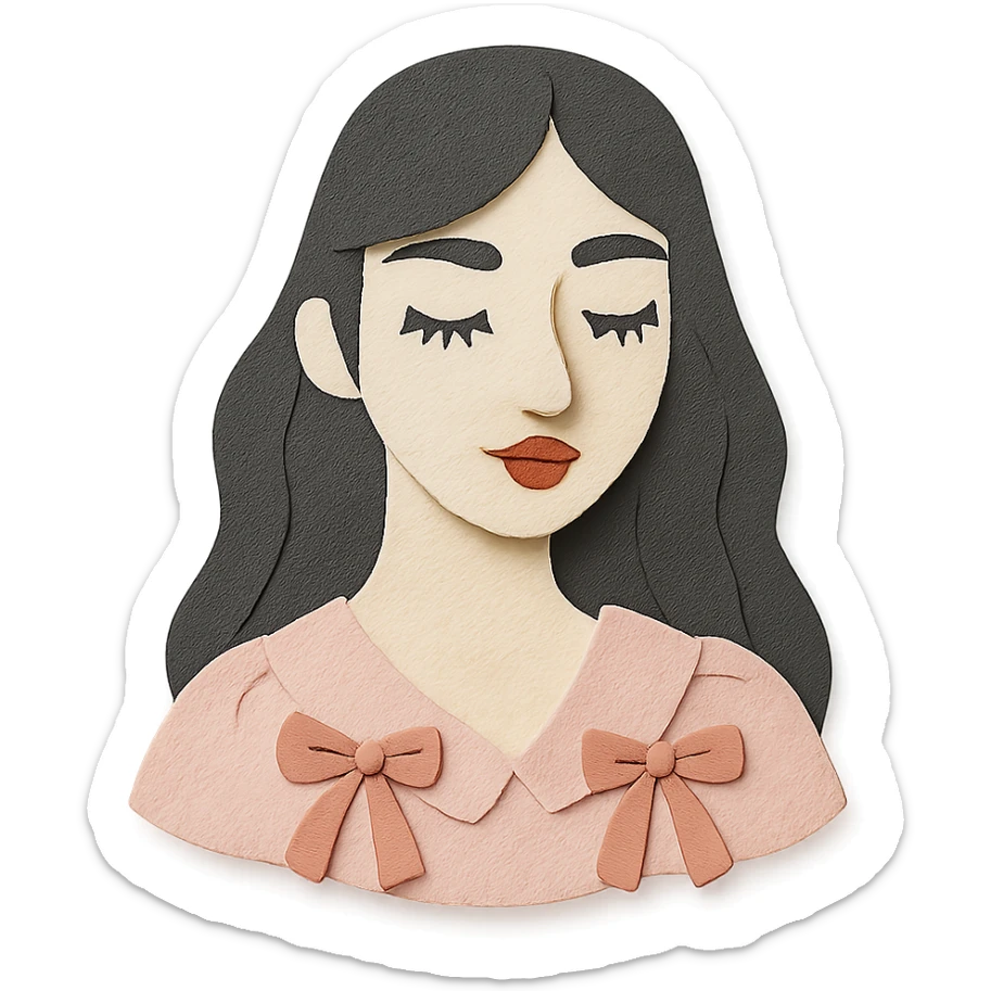 paper craft style illustration of a pale girl with long dark hair, pointy tip nose, full lips, long lashes, v-shaped jaw, in a light pink coquette blouse with ribbons sticker