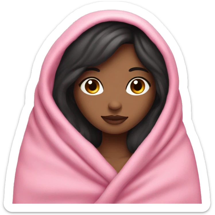 Woman with dark hair and blue eyes snuggled in a pink blanket sticker