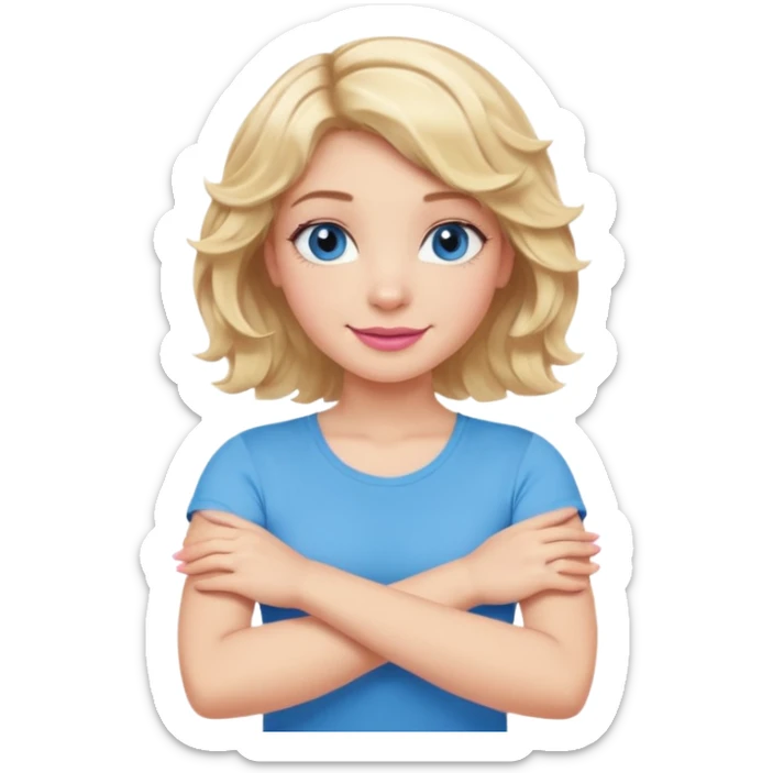 Girl Blonde short wavy hair,  blue eyes, cute blue top, long lashes, pink lips, smiling, making cross arms with arms  sticker