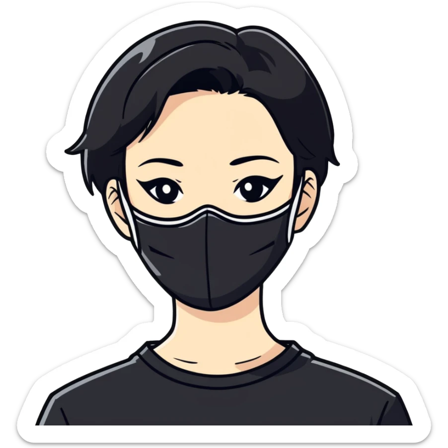 A woman wearing a black mask and black shirt with a white x and has black short hair  sticker