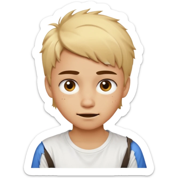caramel skin color. Teen age. Short buzz, messy blonde hair, dark brown bushy eyebrows large expressive golden-brown eyes, brown skin color, scar over nose, wearing a plain white t-shirt. Awkward smirk with visible teeth. sticker