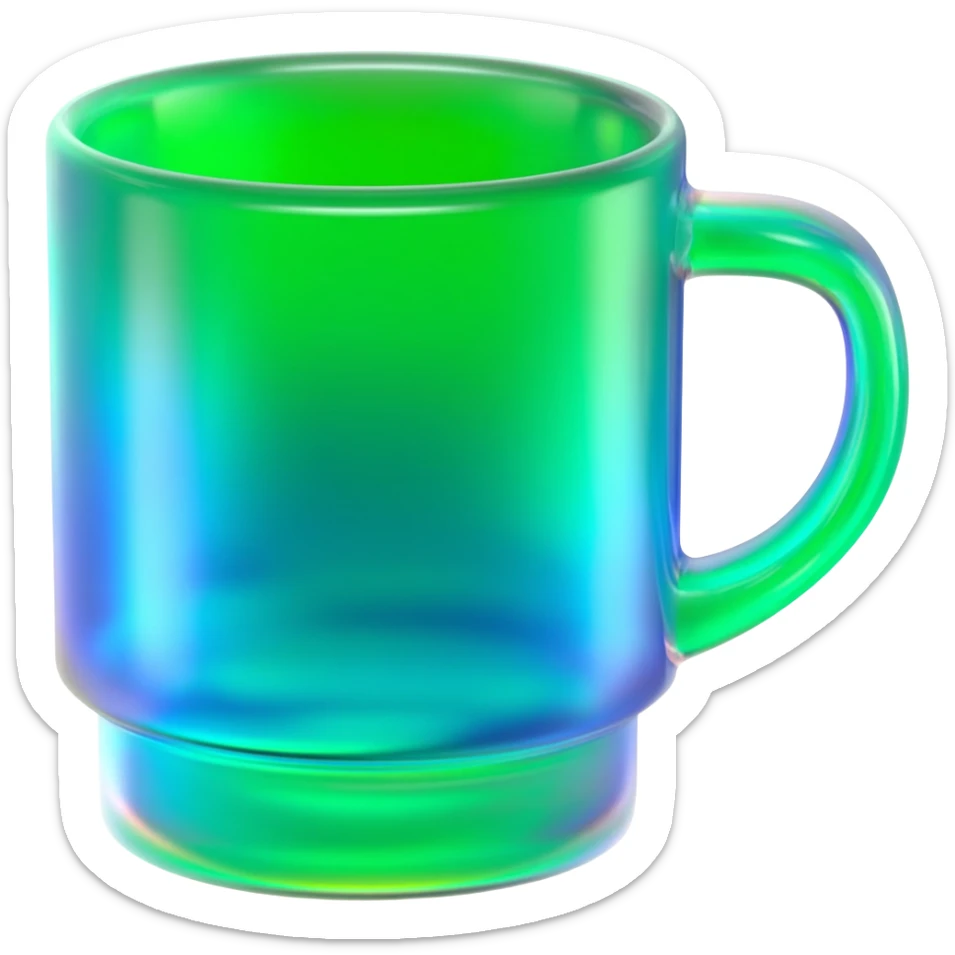 Hyperrealistic 3d rendering green to blue iridescent shimmering detailed coffee mug sticker