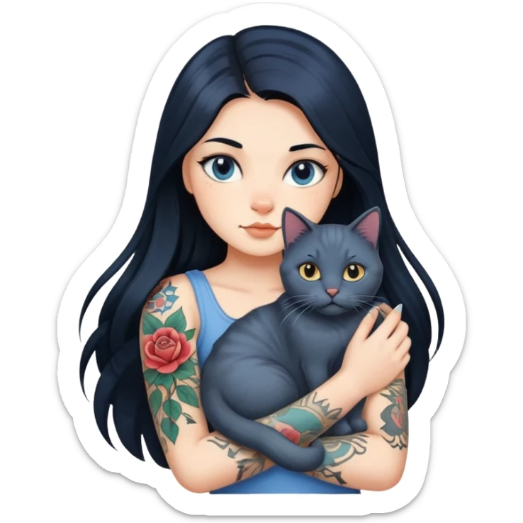 A girl with long black hair, fair skin, and a tattoo on her left arm, holding a British Blue cat. sticker
