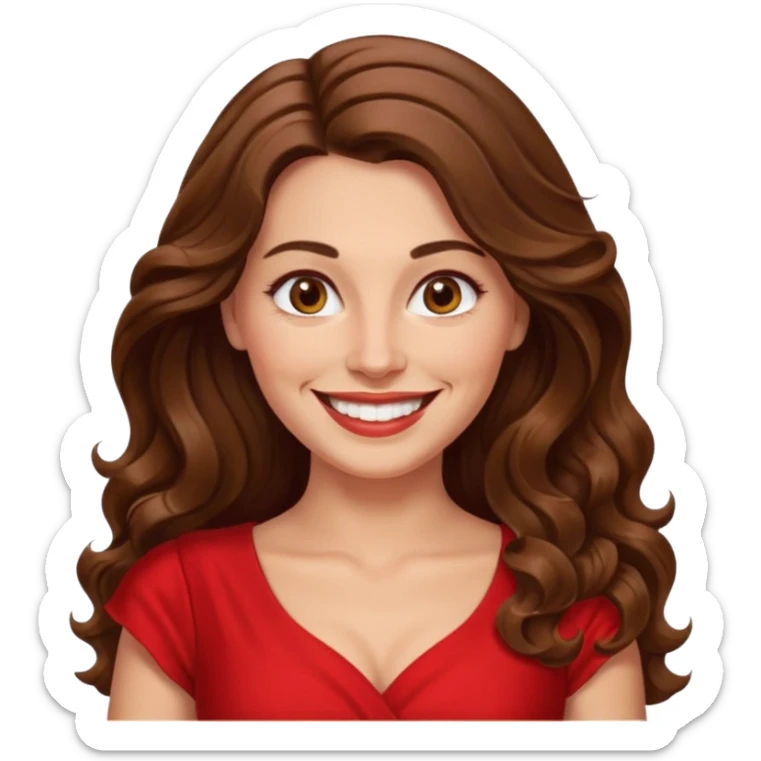 40 yr croatian woman, long wavy brown hair, big smile, side part, 
 sticker