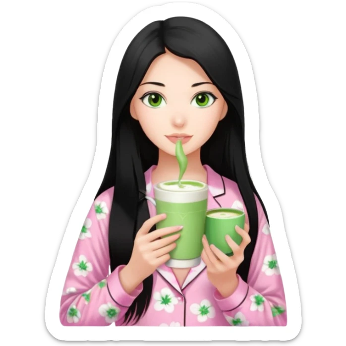 a 18 year old woman pin straight long black hair green eyes pink Victoria secret pjs with matcha sticker