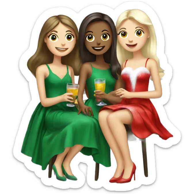 2 brunette girls and 1 blonde girl drinking together wearing Christmas tree dresses sticker