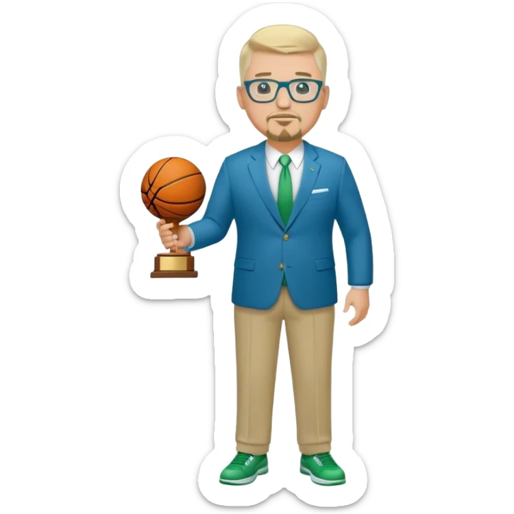 Full Body white fat male  wearing glasses with a goatee with light blonde gray very short hair basketball head Coach in blue and green suit holding trophy sticker