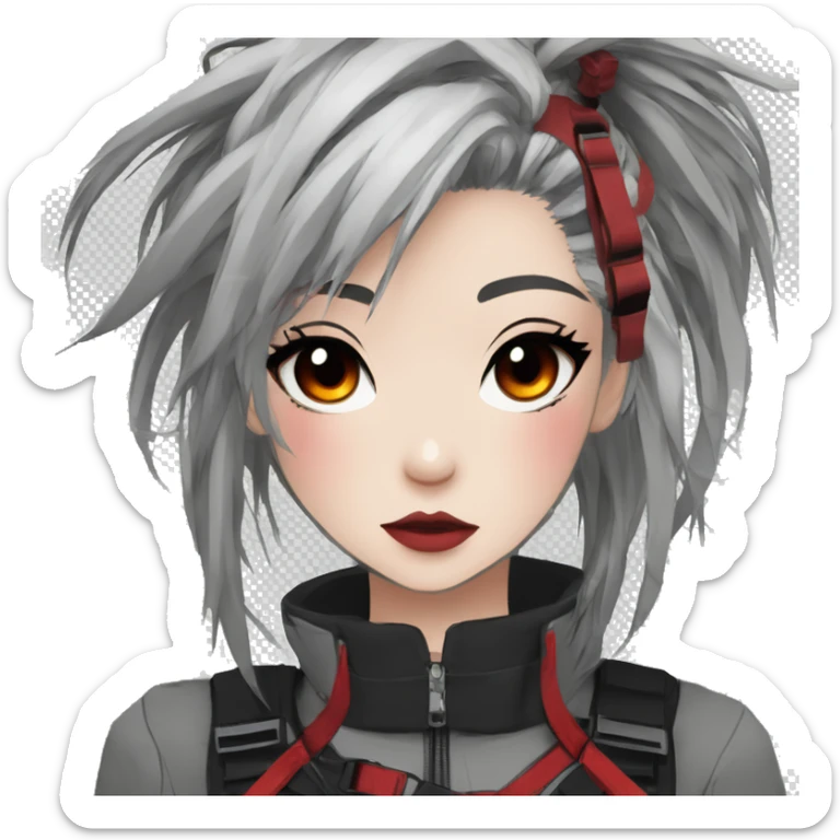 Gorgeous techwear anime style lady with blushing face aesthetic and pretty edgy black red white punk messy hair with collar and harness trending style sticker