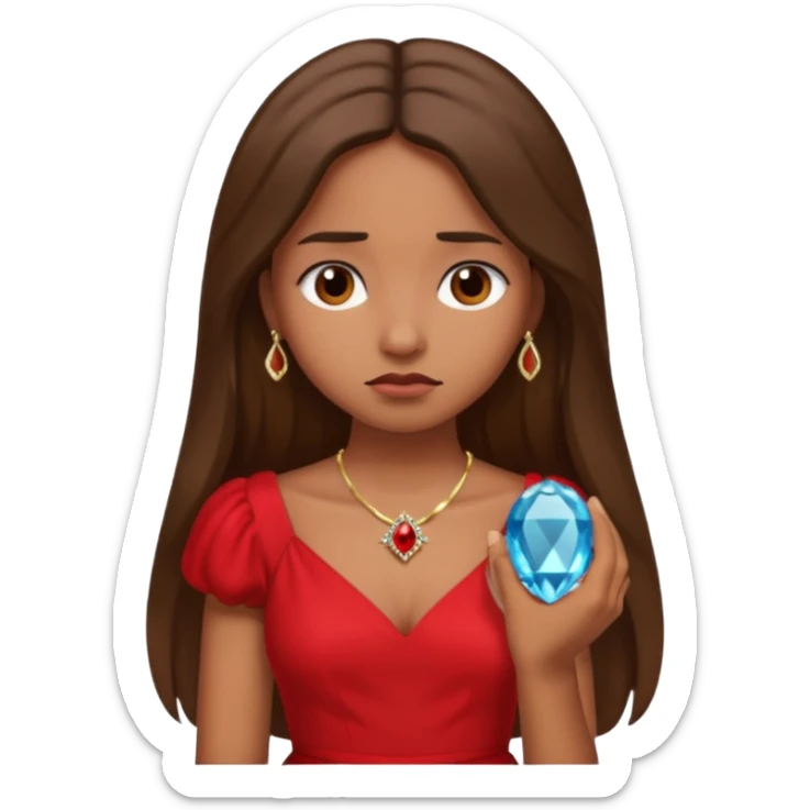 Brown girl with long hair with red dress sad face and an engagement ring  sticker