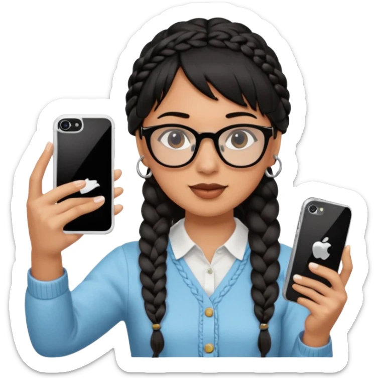 Black hair is braided to one side, braided to the left, and bangs, wearing horn-rimmed glasses, holding an iPhone white color and taking a mirror selfie so that Apple logo comes out sticker