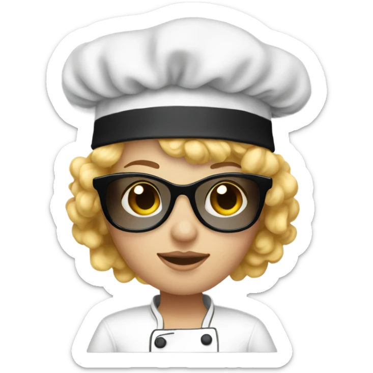 young white woman, with blond curly hair, sunglasses and chef toque sticker