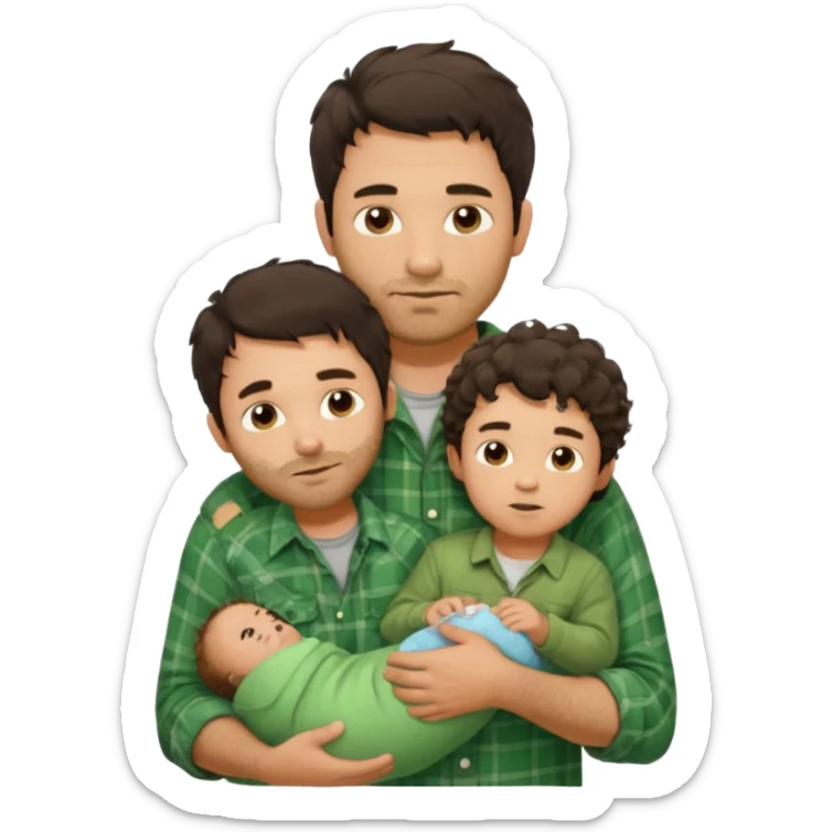 A father with messy medium-length dark hair and light stubble, wearing a green flannel shirt. He holds his child who has short curly brown hair and a cream-colored romper. Cozy warm lighting, authentic family moment. sticker