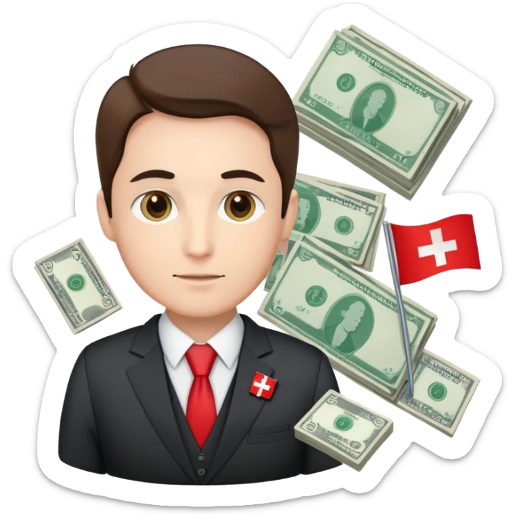 Swiss financial expert with business suit, Swiss flag pin, charts and money sticker