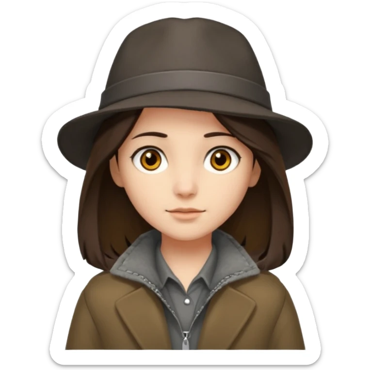 Hobo tomboy with shoulder-length center-parted dark brown hair. brown eyes, dark dull brown coat, grey shirt. Flat crown bolero hat sticker