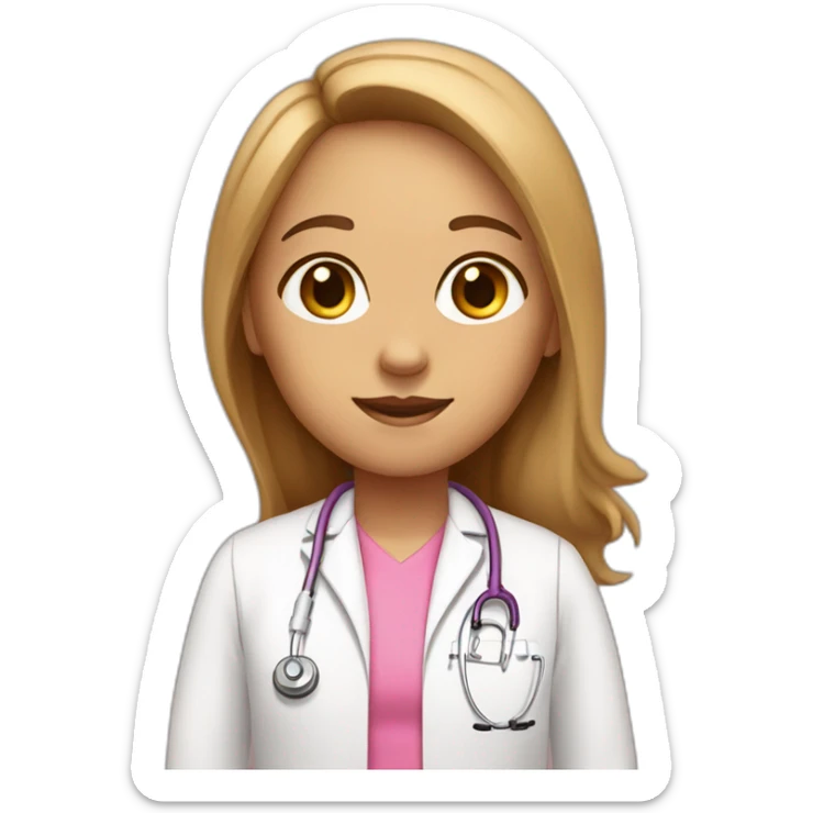 Tan girl, a speech therapist with light Brown long hair, Brown eye wearing a pink t-shirt and a medical coat sticker