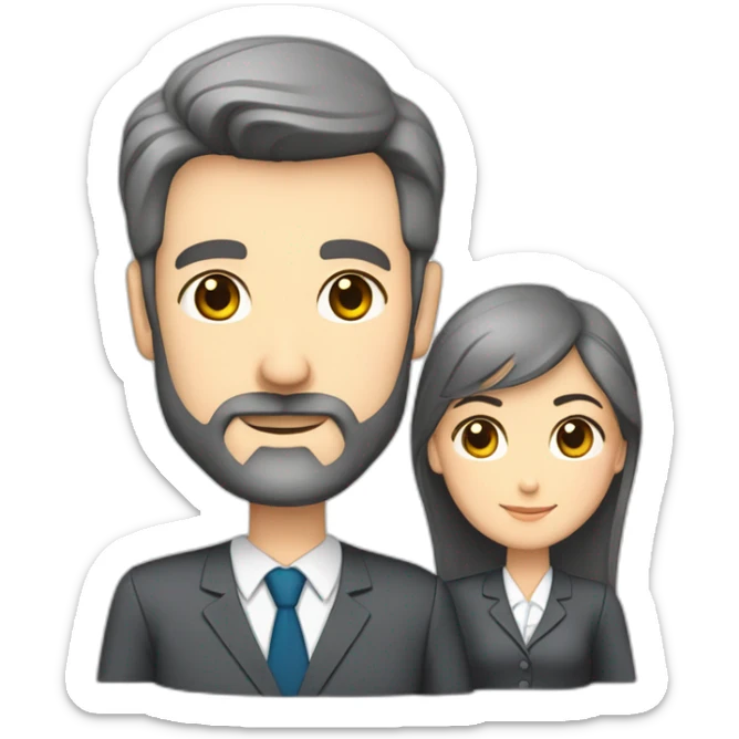 husband classy caucasian 55 some dark gray hair trimmed beard wearing business suit holding bible, with wife asian age 55 dark hair nurse uniform, no children sticker
