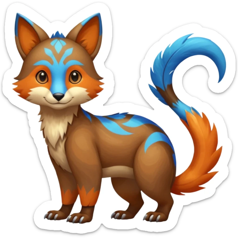 Colorful brown with blue and orange tropical exotic shiny beautiful fantasy-Vernid-Cacomistle-Oncilla-animal-Fakémon-hybrid-fursona (full body) sticker