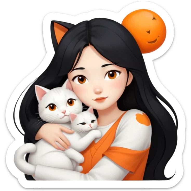 East Asian girl with long flowing black hair hugging a predominantly white cat with orange patches, sweet and gentle, cute facial expressions sticker