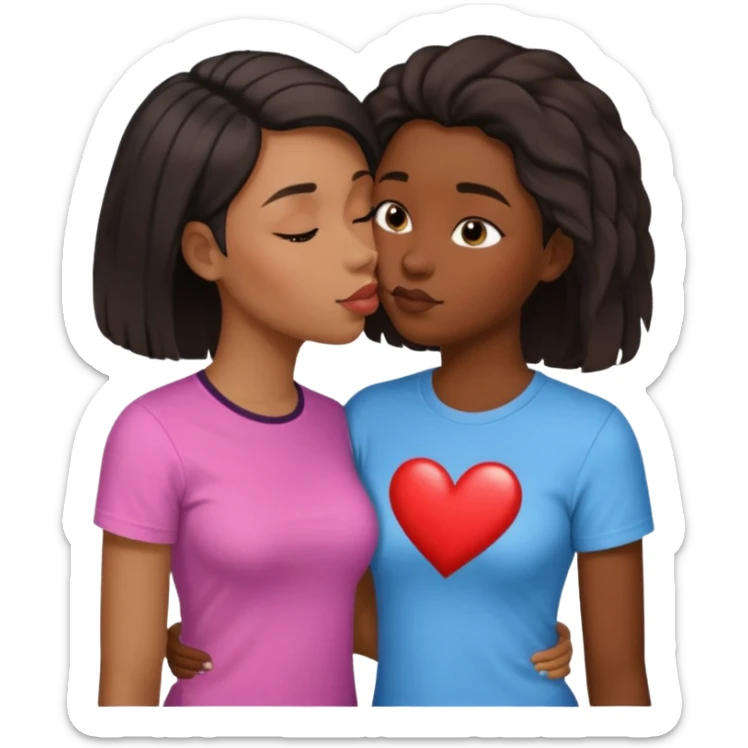 Black lesbian couple with one dark skin masculine with short haircut with a t shirt and one feminine with long hair in a blouse kissing sticker