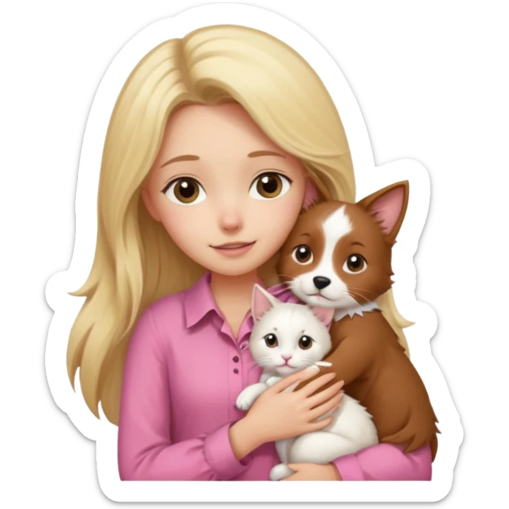 Garota loira fofa de cabelo comprido usando uma blusa rosa abraçando um border collie marrom e um gato branco sticker