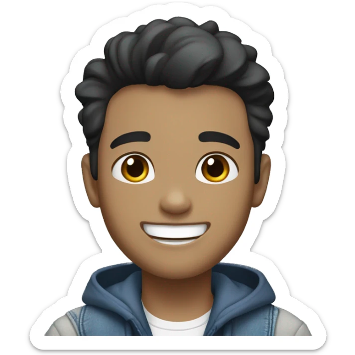 boy, 35 years old, black short hair, gray jacket, white skin tone, blue jeans, laughing sticker