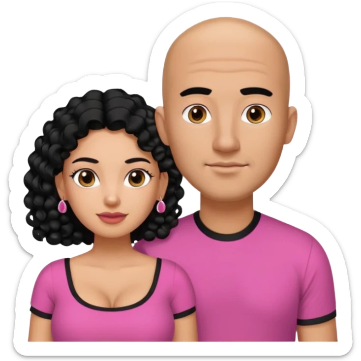 A picture if a couple. the man is a Mexican man with tanned skin, black hair, a bald hair cut, short boxed beard, and wearing a black shirt. the woman is mixed with black and white, with curly long hair, stud earrings,  wearing a pink shirt and with big boobs sticker