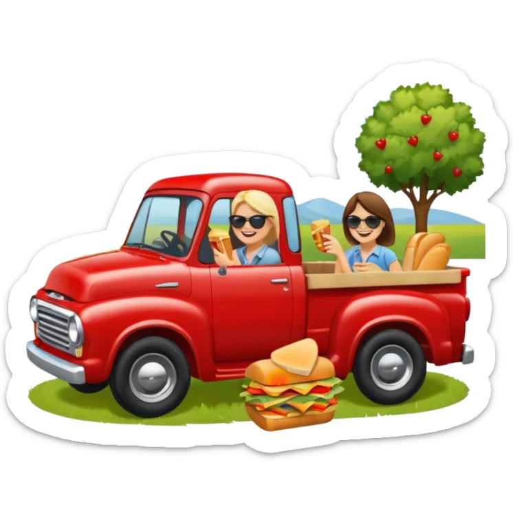 People having a picnic in the back of a red pick up truck sticker