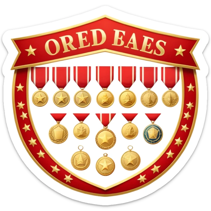 Icon for Collecting Orders, Medals & Badges: a variety of vintage orders, medals and badges, displayed neatly on a big red pennant. The icon should reflect the honor and historical significance of these collectible items. Transparent background. sticker
