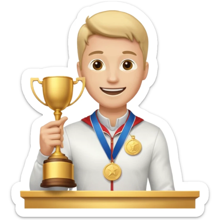 winner ceremony with one guy standing in a winner's podium and having a medal around his neck and holding a trophy sticker